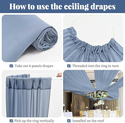 6 Panels Dusty Blue Wedding Drapes 5ftx10ft Chiffon Fabric Arch Draping Sheer Curtains Soft Drapery Wedding Ceiling Decorations for Party Ceremony Stage Swag
