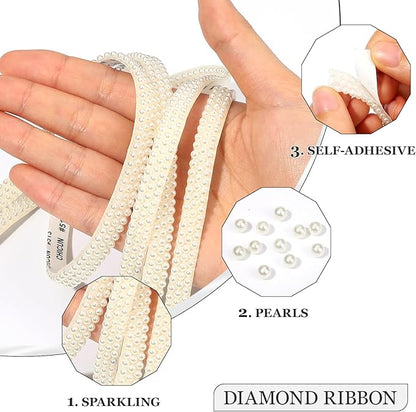 Off-White Pearls Ribbon 3 Yards Self Adhesive Pearls Strips Diamond Ribbon Sticker Crystal Roll Glitter Bling Rhinestones Tape for Crafting DIY Art Decoration (0.4 Inch)