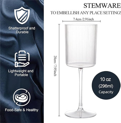 Ciaell 12 PCS Plastic Ribbed Wine Glasses - 10 OZ Plastic Square Wine Glasses with Stem - Disposable Champagne Cups for Parties & Weddings & Party