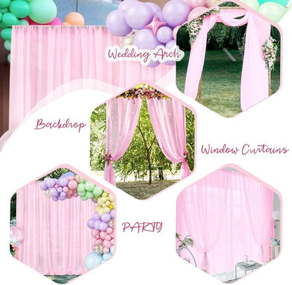 PARTISKY 10x10ft Pink Chiffon Sheer Backdrop Curtains, Wrinkle-Free Wedding Backdrop Drapes for Birthday Party Ceremony Arch Stage Decor Background for Photography 5x10ft,2 Panels