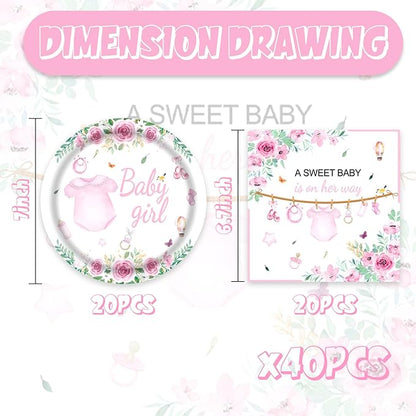40pcs Pink Floral Baby Shower Decorations Girl Gender Reveal Supplies,Spring Rose Pink Baby Shower Plates and Napkins,Suitable for 20 Guests