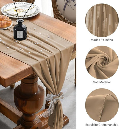 2 Pack 10 Ft Chiffon Table Runner Beige Gauze Long Table Runners 27x120 Inches Sheer Tulle Table Runner for Rustic Wedding Reception Bridal Shower Decorations Birthday Party