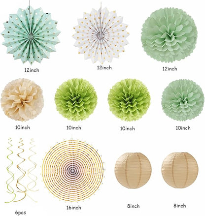Sage-Olive Green Gold Brown Boho Party-Decorations - 33pcs Paper Lanterns Fan, Banner,Streamers Tassel Garland,Tissue Pom Poms,Baby Bridal Shower Birthday Wedding Bachelorette Engagement Decor Hugtmr