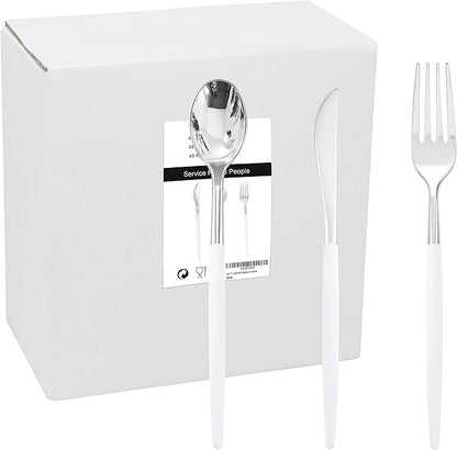WELLIFE 144 Pack Silver Plastic Cutlery, Disposable Silver Flatware Includes： 48 Forks, 48 Knives and 48 Spoons, Suitable for Parties and Wedding for Wedding