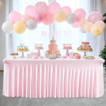2 Pack Pink Spandex Table Clothes for 8 Foot Rectangle Tables, 8FT Wrinkle Free Fitted Tablecloths Ruffles Design Table Cover for Party, Banquet, Wedding and Events