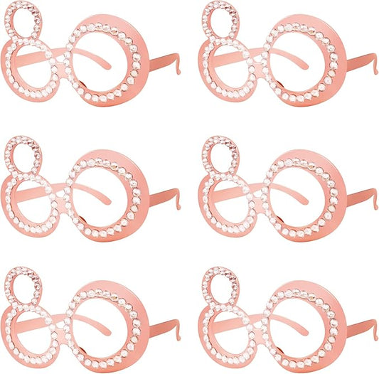 80th Birthday Glasses - 6 Pairs Rose Gold 80 Years Old Glasses with Rhinestones Frame, Funny Plastic Costume Photo Booth Props for 80th Anniversary Party Decorations