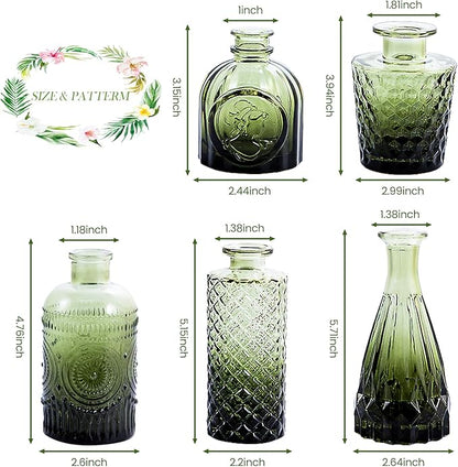 Glass Bud Vases Set of 5, Mini Flower Vase for Centerpieces, Small Clear Vases in Bulk for Wedding Decorations, Vintage Vase for Table, Recepetion, Home Décor (Green)