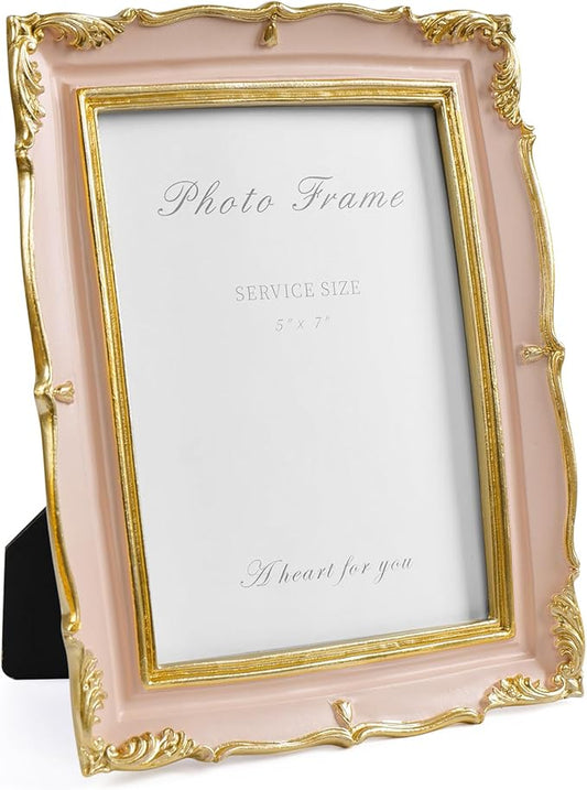 Cuspin Vintage Pink 5x7 Picture Frame, Pink and Gold 5 by 7 Antique Photo Frames, Ornate Textured Hand-Crafted Resin Frame with Glass Front for Tabletop Display, Retro Design Home Decor