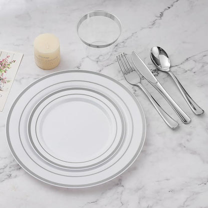 BESTVIP 600PCS Silver Dinnerware Set for 100 Guests, Plastic Plates for Party, 100 Silver Disposable Plates, 100 Dessert Plates, 100 Cups, 100 Spoons, 100 Forks and 100 Knives