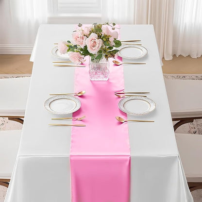 SHEJIZE 10 Pack Pink Satin Table Runner 12x108 Inches Long, Bright Silky Smooth Satin Table Runner Table Decor for Wedding Banquet Christmas Prom Event Birthday Party