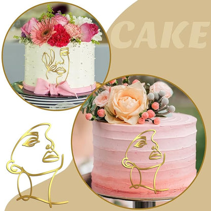 Kigley 22 Pcs Minimalist Art Lady Face Cake Topper Butterflies Cake Decoration Acrylic Wedding Birthday Boho Cake Toppers for Women Bridal Shower Party Supplies (Gold)