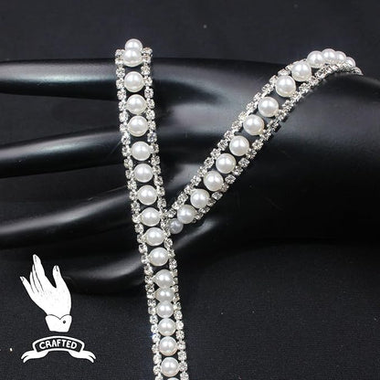 PEARLY JUN 1 Yard Pearl Rhinestone Trim Chain Silver Crystal Fringe Diamond Applique Ribbon String Tassel Strip (Silver-150, 2 Yards)