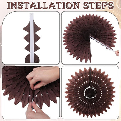Outus 12 Pcs Hanging Honeycomb Paper Fans Sets, Fiesta Brown and Beige Party Decorations, Tissue Paper Flowers Supplies for Birthday Wall Classroom Wedding Bridal Photo Backdrop (14/8/6 Inch)