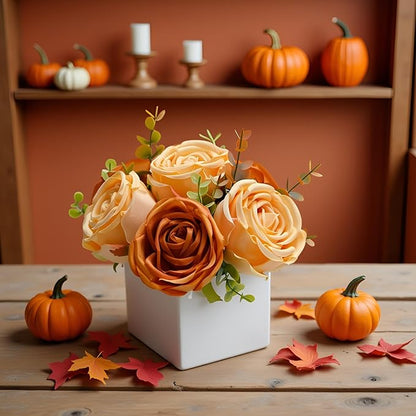 LADADA Artificial Roses in White Ceramic Vase, Orange and Cream Fake Flowers with Eucalyptus Stems, Faux Floral Arrangement for Home Decor, Table Centerpiece for Dining Table, Kitchen, Office