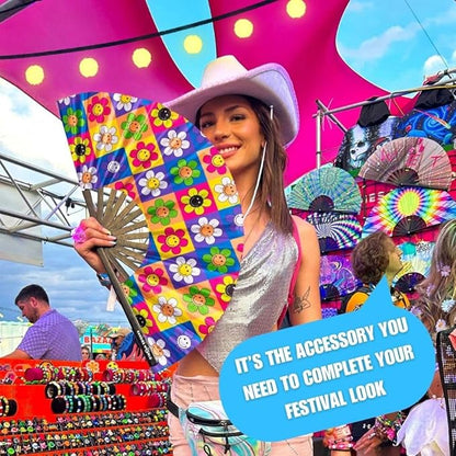 Kandies World Custom Festival Folding Hand Fan - Unique Designs, Made of Bamboo, Clacking Sound, Lightweight - Perfect Rave and Festival Accessory!
