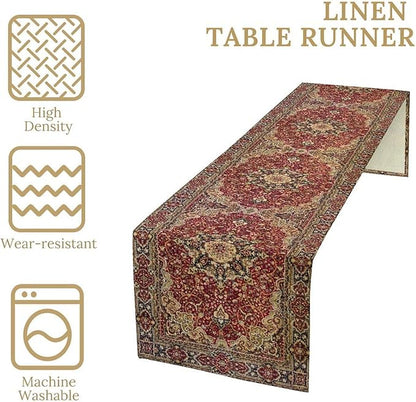 Vintage Boho Floral Table Runner, Rustic Country Farmhouse Red Gold Bohemia Flower Pattern for Home Kitchen Table Decor Dining Coffee Room Party Decor 13x36in
