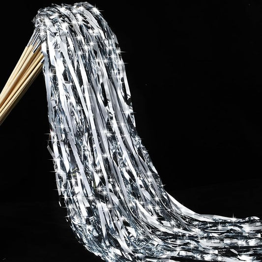 50 Pcs Wedding Fairy Wands with Bells Foil Tinsel Ribbon Stick Wands Tinsel Party Streamers with Bell Glittery Bridal Wedding Send Off Ideas Holiday Celebration (Silver)