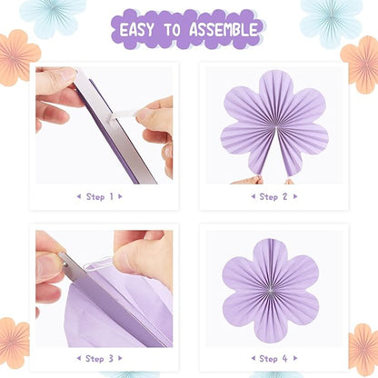 Paper Flowers Decorations for Wall Blue Paper Fans Classroom Decoration Floral Backdrop Decor Hanging Pink Flower Wall Decor, Set of 9