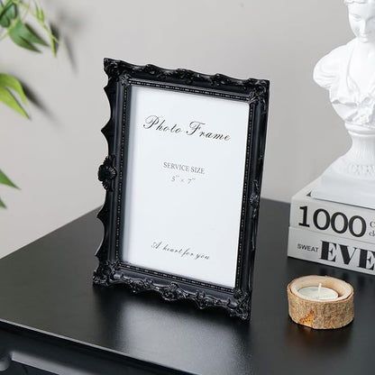 Cuspin 5x7 Black Picture Frame, Handcrafted Resin Frame with Exquisite Carved Details & Glass Front, Vintage Antique Design for Wall Hanging or Tabletop Display, Home Decor