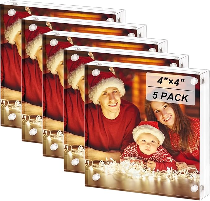 Boxalls 4x4 Inches Acrylic Picture Frames - 5 Pack, Clear Frameless 4x4 Photo Frames with Magnetic, Double Sided Transparent Desktop Frame (5 Pack)