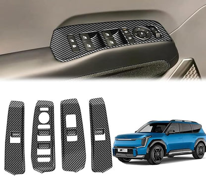 4pcs Carbon Fiber Style Front Rear Doors Window Glass Lift Switch Panel Cover Decorative Sticker Protection Car Interior Accessories for 2023-2025 KIA EV9 KT15