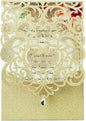 Hosmsua 50PCS Champagne Gold Wedding Invitations Kit 5 x 7.3 Inch Laser Cut Hollow Rose Rhinestone Pocket with Envelope for Wedding Bridal Shower Invite (Champagne Gold Glitter)