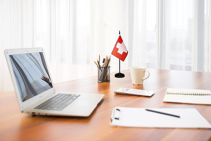 Switzerland Swiss Deluxe Desk Flag Set Small Mini Miniature Switzerland Swiss Table Desktop Flags With Solid Pole, Black Base and Spear Top(2 Pack)
