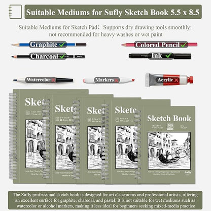 SuFly Small Sketch Book 5.5"x8.5", 2-Pack Mini Sketchbook, Spiral Bound Sketchbook Hardcover with 200 Sheets of 68lb/100gsm Mini Drawing Pad Paper, Small Sketch Pads for Drawing for Adults & Kids.