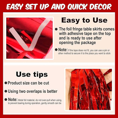 3 Pack 29 x108 Inch Red Foil Fringe Table Skirts Metallic Banner for Tinsel Streamer Garland Backdrop for Parade Floats Mother's Day, Graduate, Birthday, Wedding Party Decoration