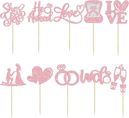 Ephlyn 30Pcs He Asked She Said Yes Cupcake Toppers Glitter Engagement Cupcake Toppers Diamond Ring Heart Love I Do Cupcake Picks for Engagement Wedding Party Cake Decorations Pink