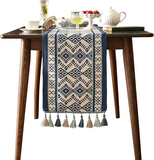 Chinoiserie Blue Stripe Cloth Runner for Table,Decorative Farmhouse Linen 87 Inches Long Table Runners,Decor Tabletop for Kitchen,Dining,Party,Home,Christmas,12"*87"
