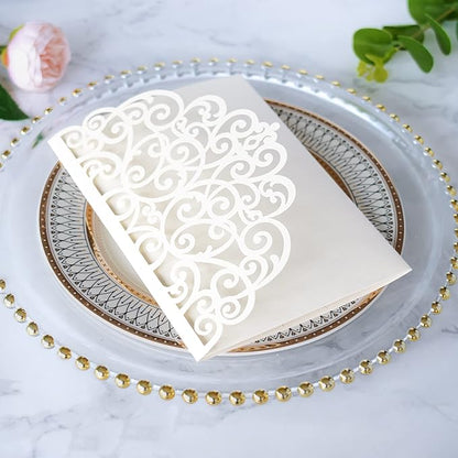 ponatia 5.12 x 7.2 Ivory Laser Cut Wedding Invitations, Trifold Laser Cut Invitation Pockets with Envelopes for Wedding Bridal Shower Engagement Quinceanera Invitations (20PCS No Inner Sheet)