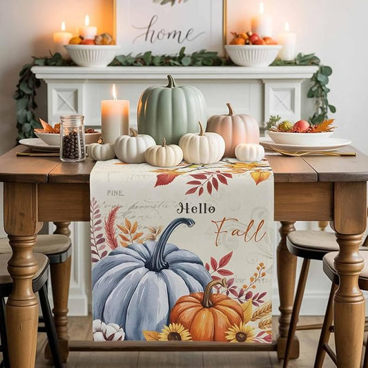 Thanksgiving Fall Cotton Linen Table Runner for Dining Kitchen, Blue Pumpkins Rustic Wedding Outdoor Party Autumn Tablerunners Decoration, Leaves Dresser Scarf Coffee Tablecloth Runners 13x48 Inches