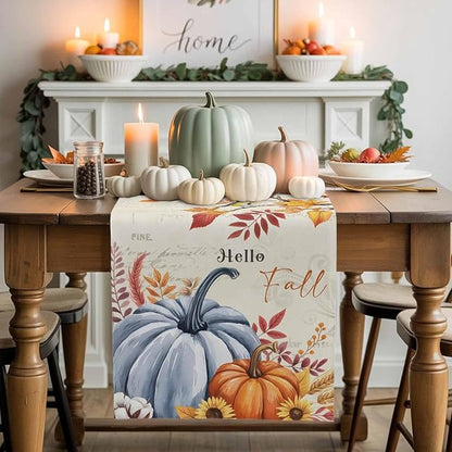 Thanksgiving Fall Cotton Linen Table Runner for Dining Kitchen, Blue Pumpkins Rustic Wedding Outdoor Party Autumn Tablerunners Decoration, Leaves Dresser Scarf Coffee Tablecloth Runners 13x120 Inches