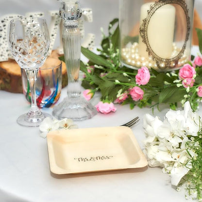 Mrs. and Mrs. Disposable Wedding Plates – Rustic, Compostable Alternative to Plastic Plates for Wedding Receptions, Engagement Parties, and Rehearsal Dinners (Appetizer, 50-Pack)