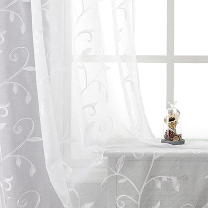 VISIONTEX White Leaves Sheer Voile Curtains, Decorative Embroidery Rod Pocket Window Drapes for Home Living Room and Bedroom 54 x 63 Inch, Set of 2 Curtain Panels