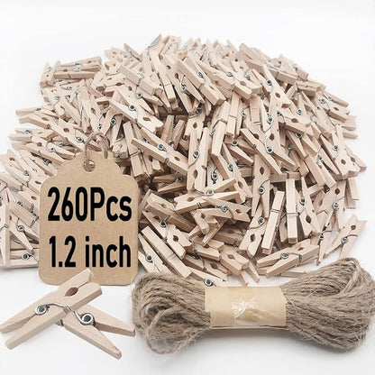 Mini Clothes Pins, 260 PCS Small Wooden Clothes Pin with Jute Twine, Clothespins, Clothes Pins for Photos Crafts DIY Project