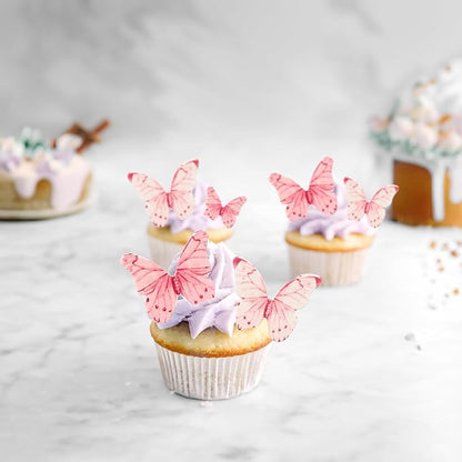 Ephlyn 40Pcs Edible Butterfly Cupcake Toppers 3D Butterfly Cake Picks Mixed Color Cake Decorations for Baby Shower Wedding Kids Birthday Party Supplies Pink