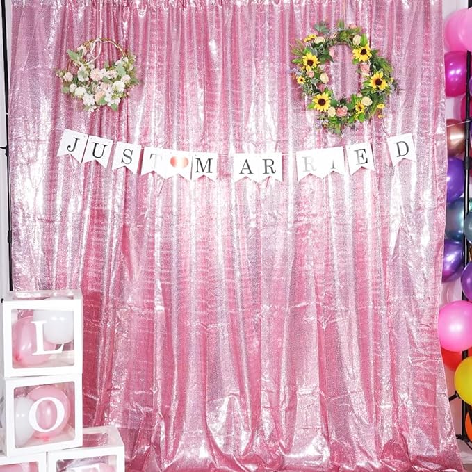 Poise3EHome 8Ft x 8Ft Fuchsia Pink Sequin Backdrop, Glitter Thick Satin Sequin Background Drapes, Sparkly Opaque Photography Curtain Backdrop for Wedding Party Holiday Festival Decor