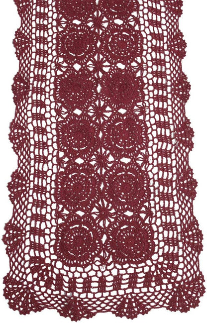 KEPSWET Cotton Handmade Crochet Lace Table Runner Wine Red Rectangle Coffee Table Dresser Decor (14x36 inch)