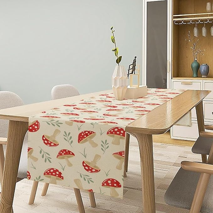 Mushroom Table Runner,Vintage Plant Print Table Runner for Kitchen Dining Table Home Party Decoration 13x60 Inch