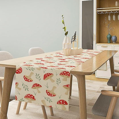 Mushroom Table Runner,Vintage Plant Print Table Runner for Kitchen Dining Table Home Party Decoration 13x72 Inch