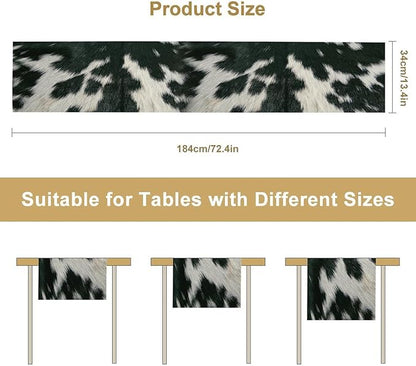 Cow Skin Print Table Runner, Rustic Country Farm Fur Skin Cowhide Pattern Western Style Black White Print Table Runner for Home Kitchen Dinning, 13x60 Inch
