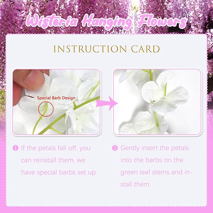 24 Pack Pink Wisteria Hanging Flowers, 3.4 Ft Fake Hanging Flowers, Artificial Wisteria Garland Vines for Wedding Room Backdrop Outdoor Patio Garden Decoration