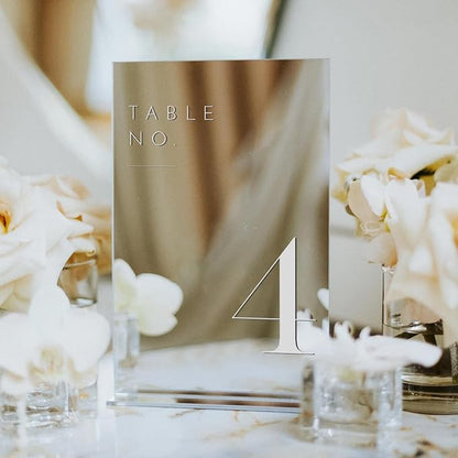 JINMURY Sliver Wedding Table Numbers 1-15 with Stands, 5"x7" Sliver Mirror Acrylic Table Numbers for Wedding Reception (Sliver Mirror White Font, Number 1-15, 5"x7")