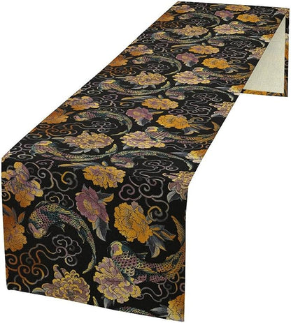 Japanese Table Runner Retro Flowers Oriental Tradition Kio Fish Art Printed Burlap Runner Home Kitchen Dining Table Living Room Decor Fabric 1 Panel W13xL90in
