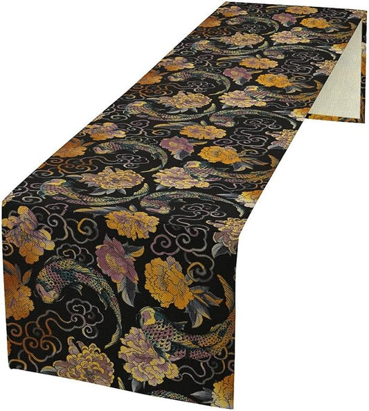 Japanese Table Runner Retro Flowers Oriental Tradition Kio Fish Art Printed Burlap Runner Home Kitchen Dining Table Living Room Decor Fabric 1 Panel W13xL90in