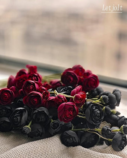 Letjolt Ranunculus Artificial Flower 18 Pcs Black Silk Ranunculus Wedding Bouquet Engagement Centerpieces Arrangements Bridal Shower Decorations Home Decor, Black