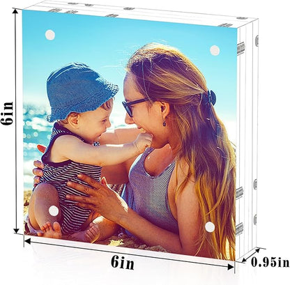 HELPLEX 5 Pack 6x6 Acrylic Picture Frames, 24mm Thicker Square Frameless Clear Frame Double Sided Magnetic Frame, Free Standing Desktop Display Stand