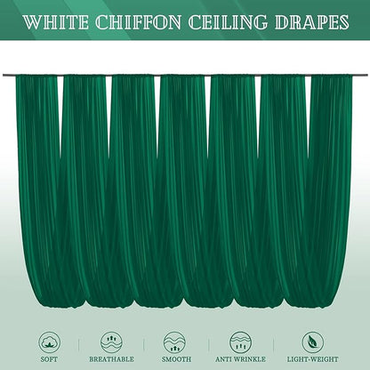 6 Panels Emerald Green Ceiling Drapes for Wedding 5ftx30ft Chiffon Fabric Arch Draping Curtains Sheer Drapery for Party Ceremony Birthday Baby Shower Reception Stage Swag Ceiling Decorations